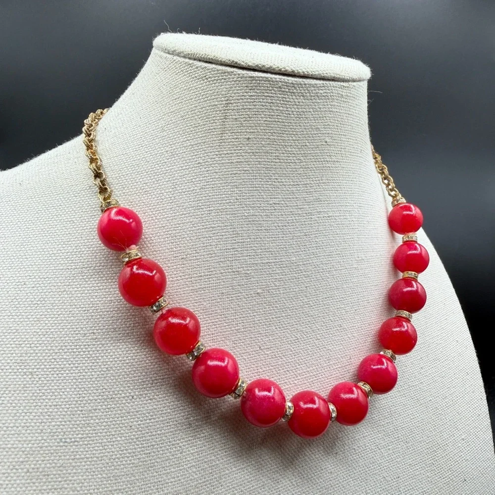 Red Bead Statement Necklace Gold Tone Chain Rhinestone Spacers Chunky Jewelry